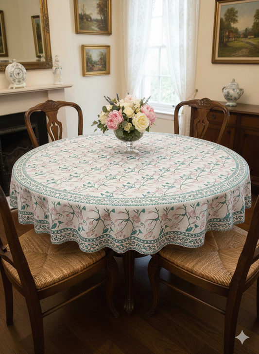 Lotus Whisper Hand Block Printed Cotton Round Tablecloth