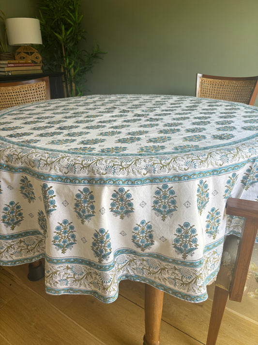 Turquoise Bloom Hand Block Printed Cotton RoundTablecloth