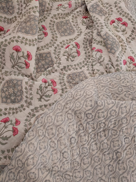 Mughal Garden Grey-Pink Reversible Quilt – Hand Block Printed, Cotton Filled