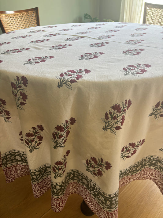 Gulab Garden Hand Block Printed Cotton Round Tablecloth