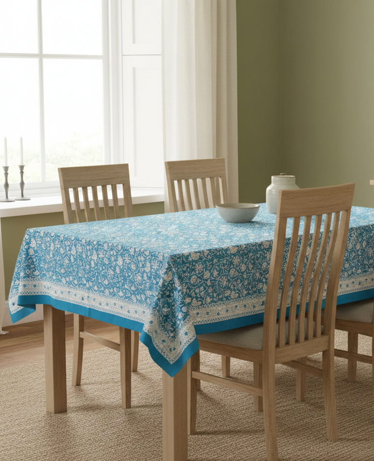 Azure blue Floral Bock Printed Table Cloth