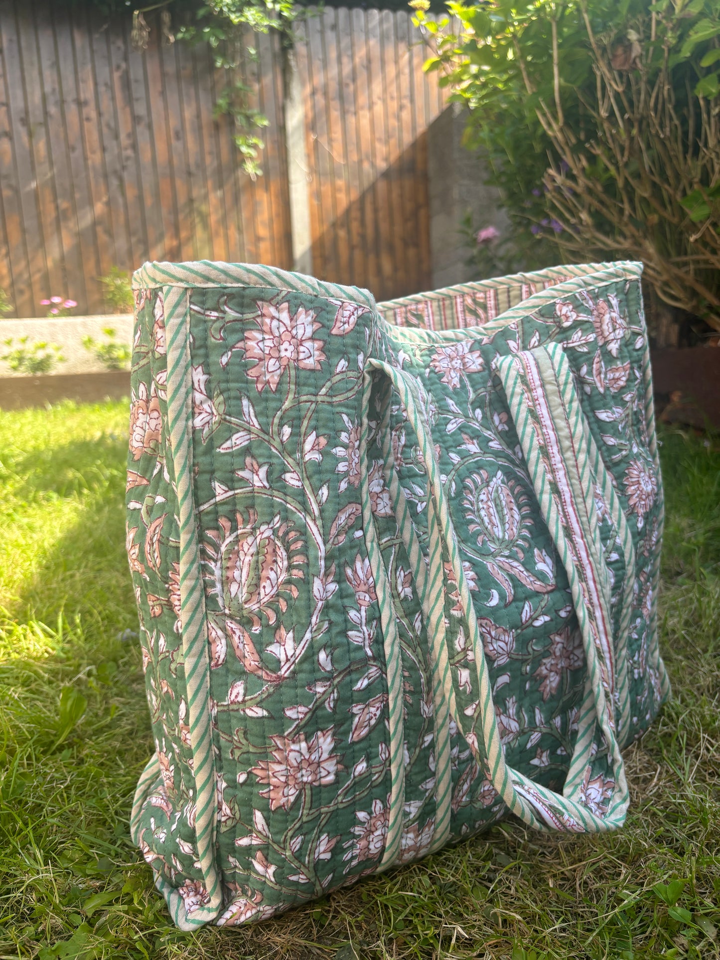 Moss Garden Block Printed Reversible Bags