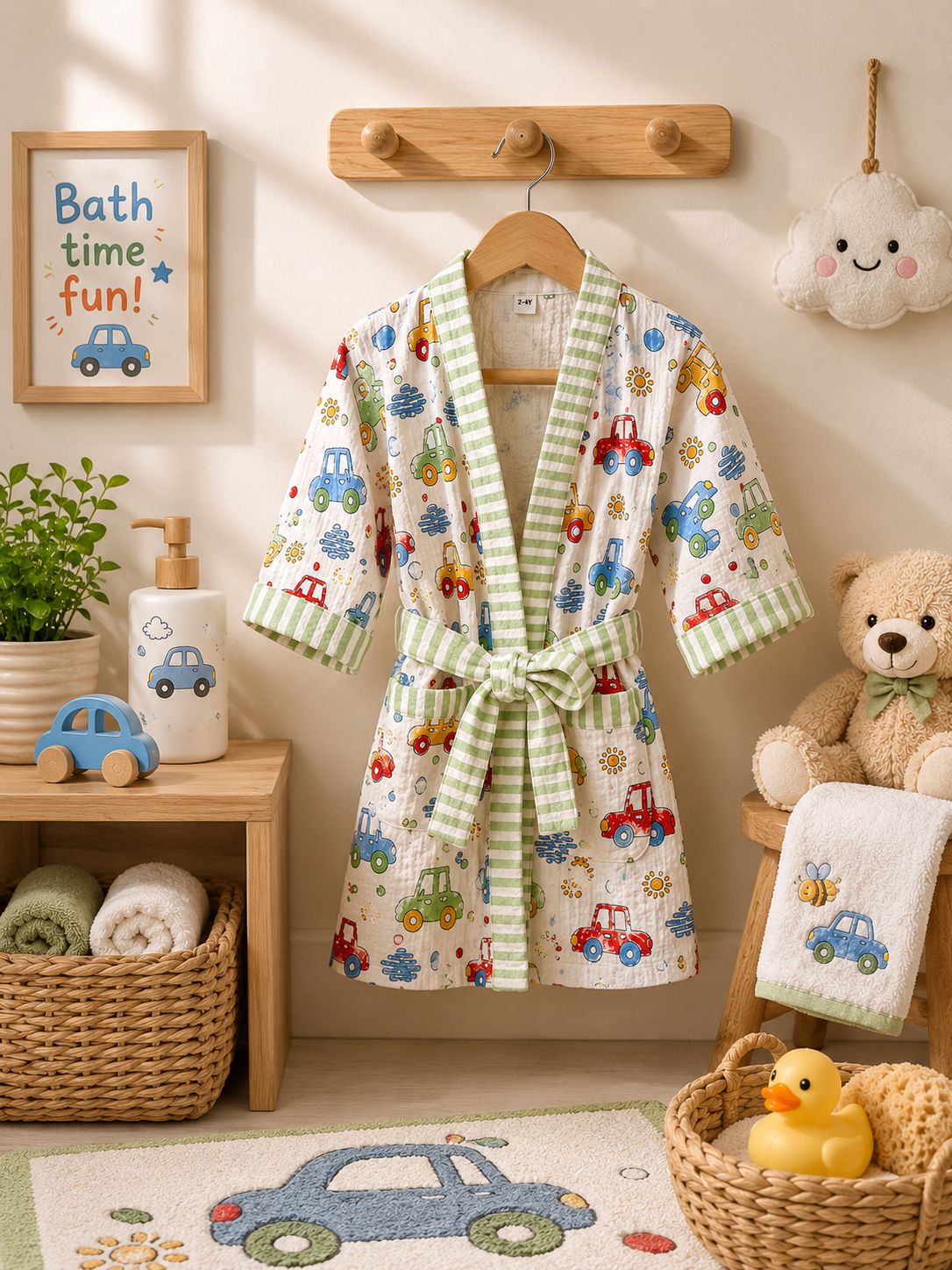 Baby Robe with cars print in block printed cotton fabric