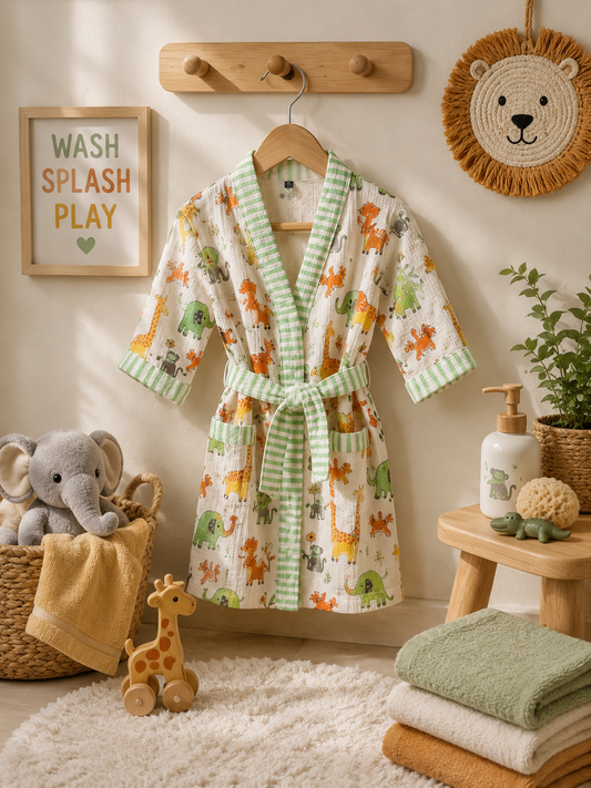 Block Printed Cotton robe with prints of jungle animals