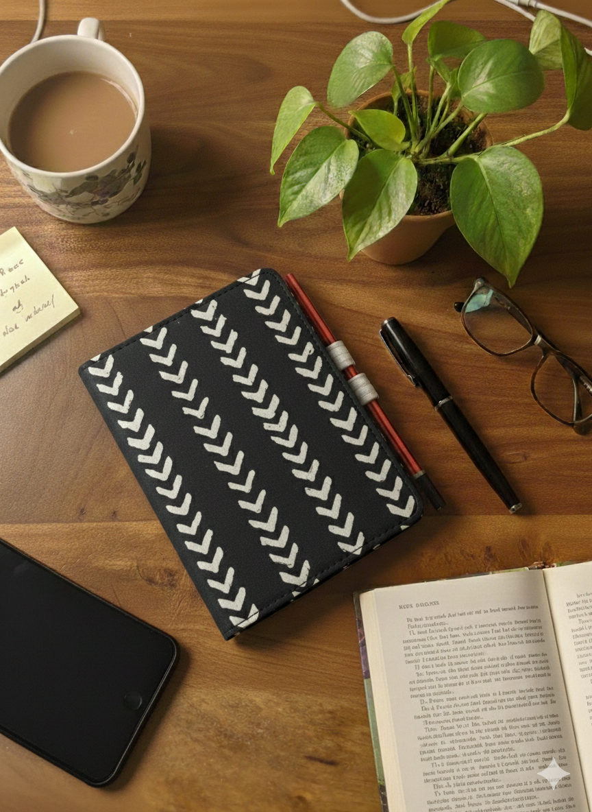 Patterned notebook on a wooden desk with a cup of coffee, plant, and glasses.