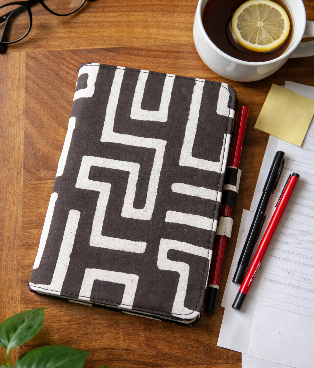 Notebook with geometric pattern on a wooden desk with a cup of tea, glasses, and pens.