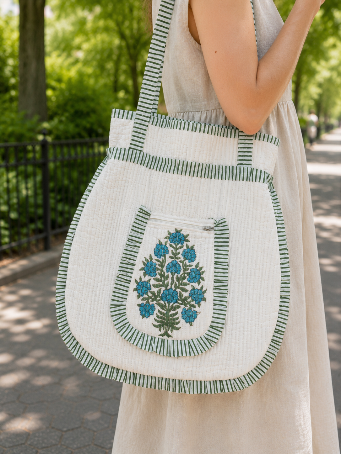 Block Printed Cotton white tote bag with blue floral motif
