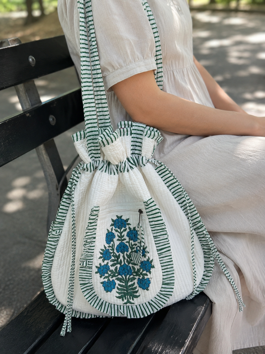 Block Printed Drawstrings closure tote bag in Ireland 