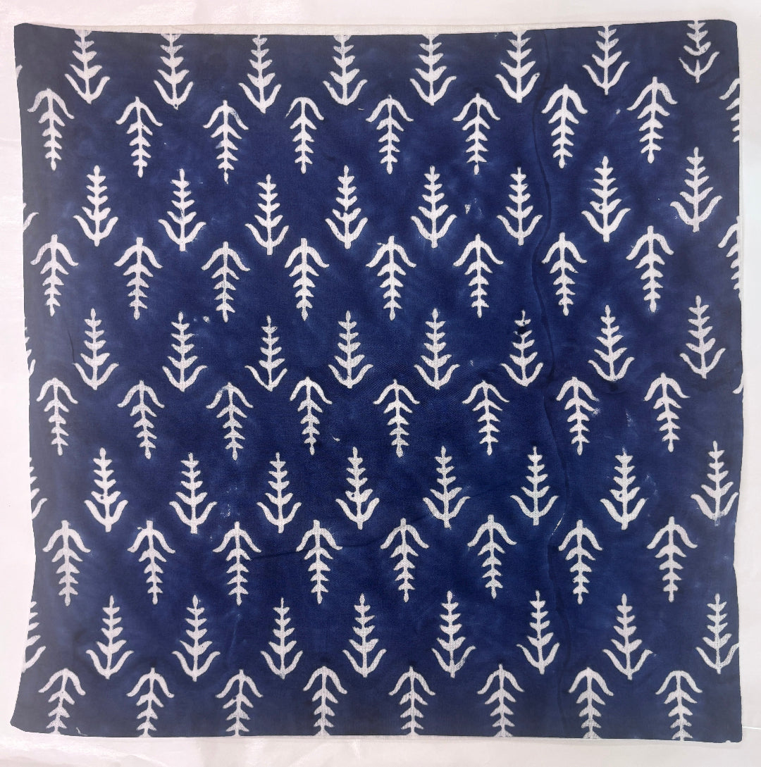 Indigo blue fabric cushion cover with white fern leaf pattern 