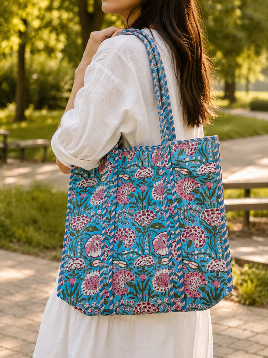 Block Printed Quilted Cotton Tote Bag in Dublin