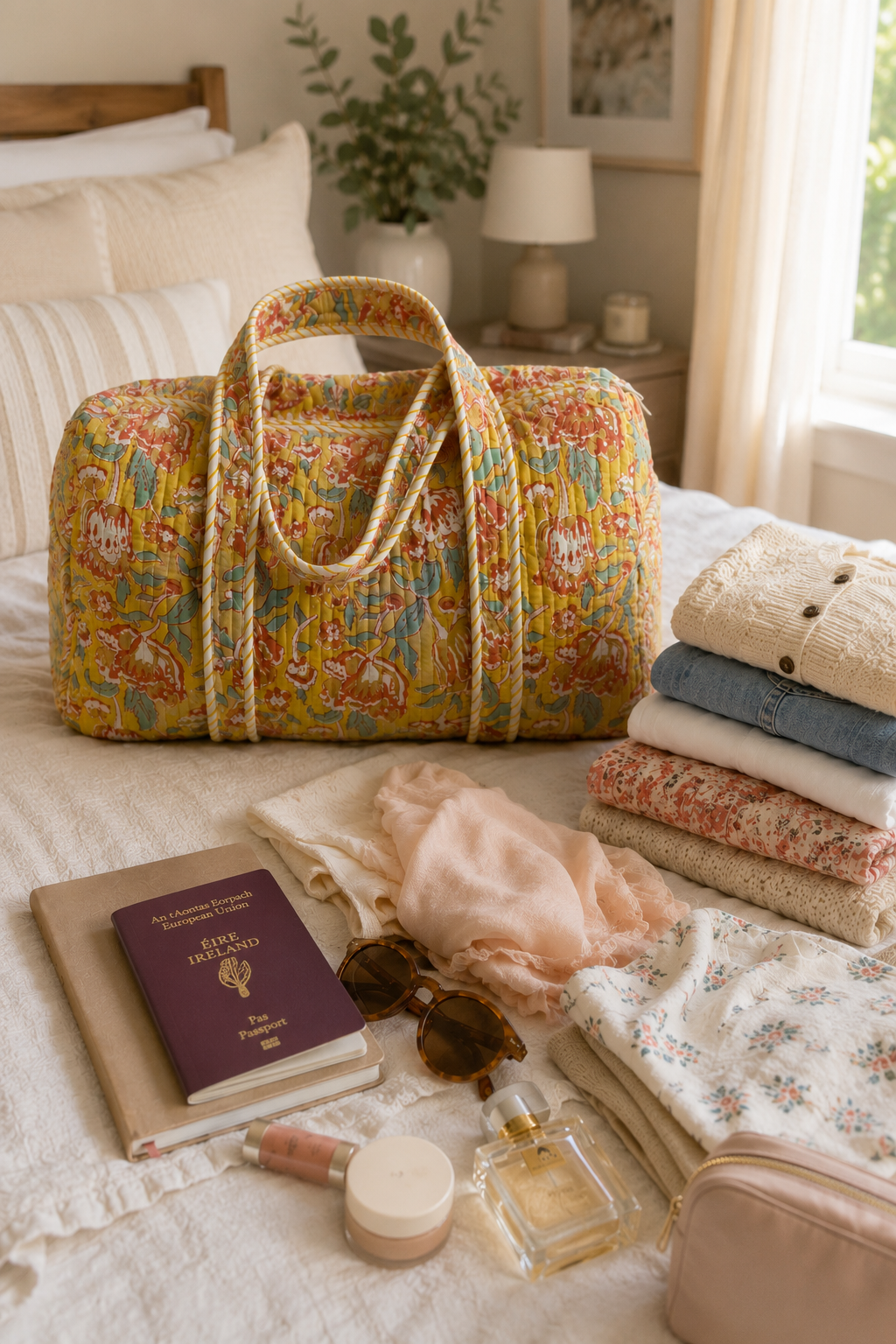 Block Printed yellow quilted duffel bag 