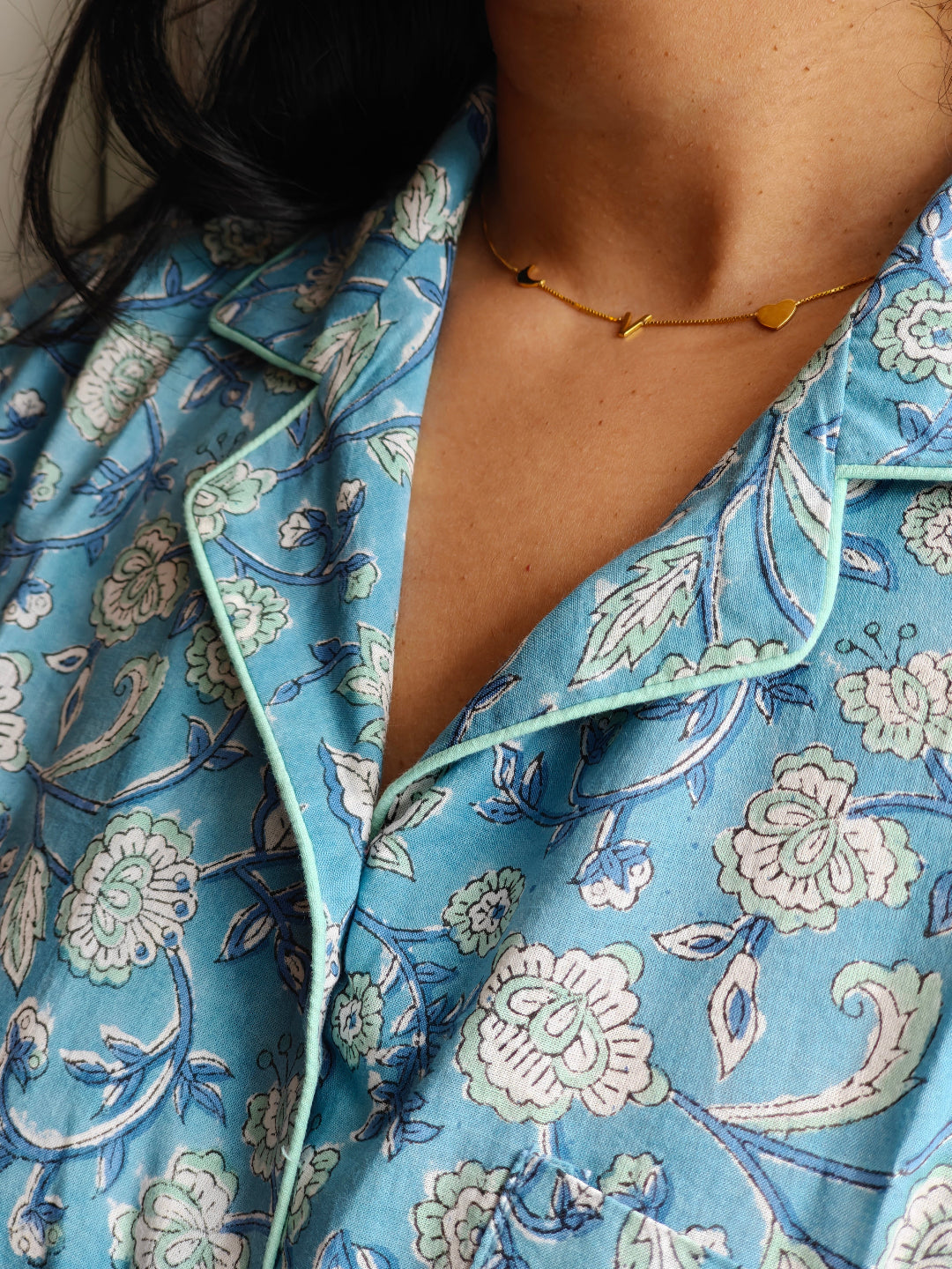 Cotton sleepwear Blue Floral Block Printed Fabric for women