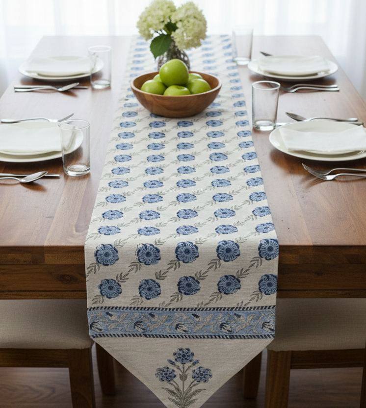 Dining table set with a floral table runner in blue and white floral pattern