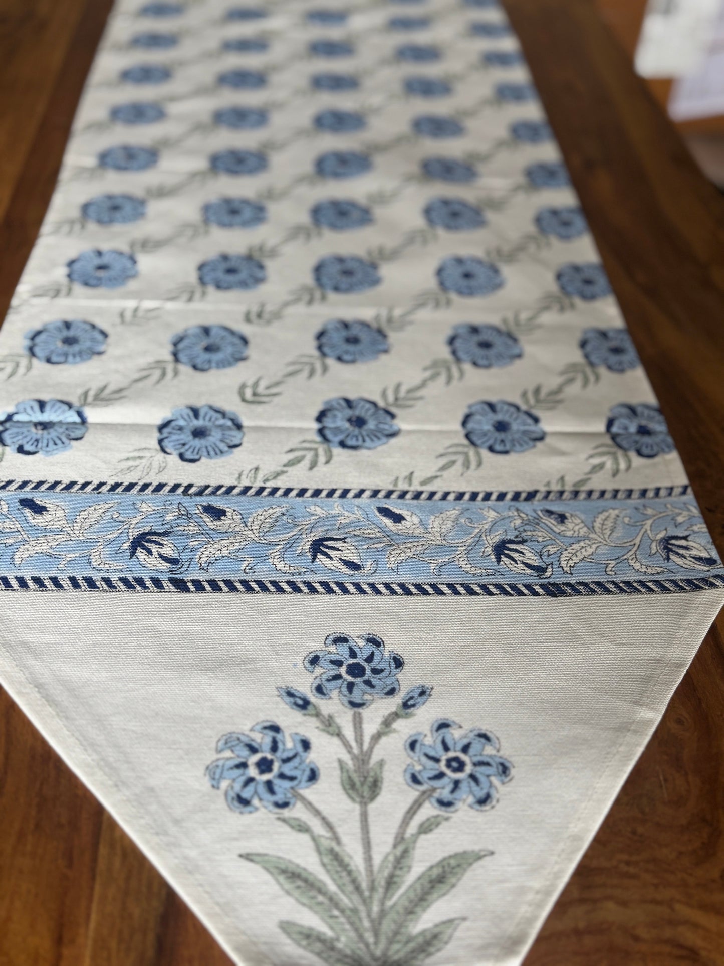Blue Meadow Floral patterned table runner  for a 6 seater table