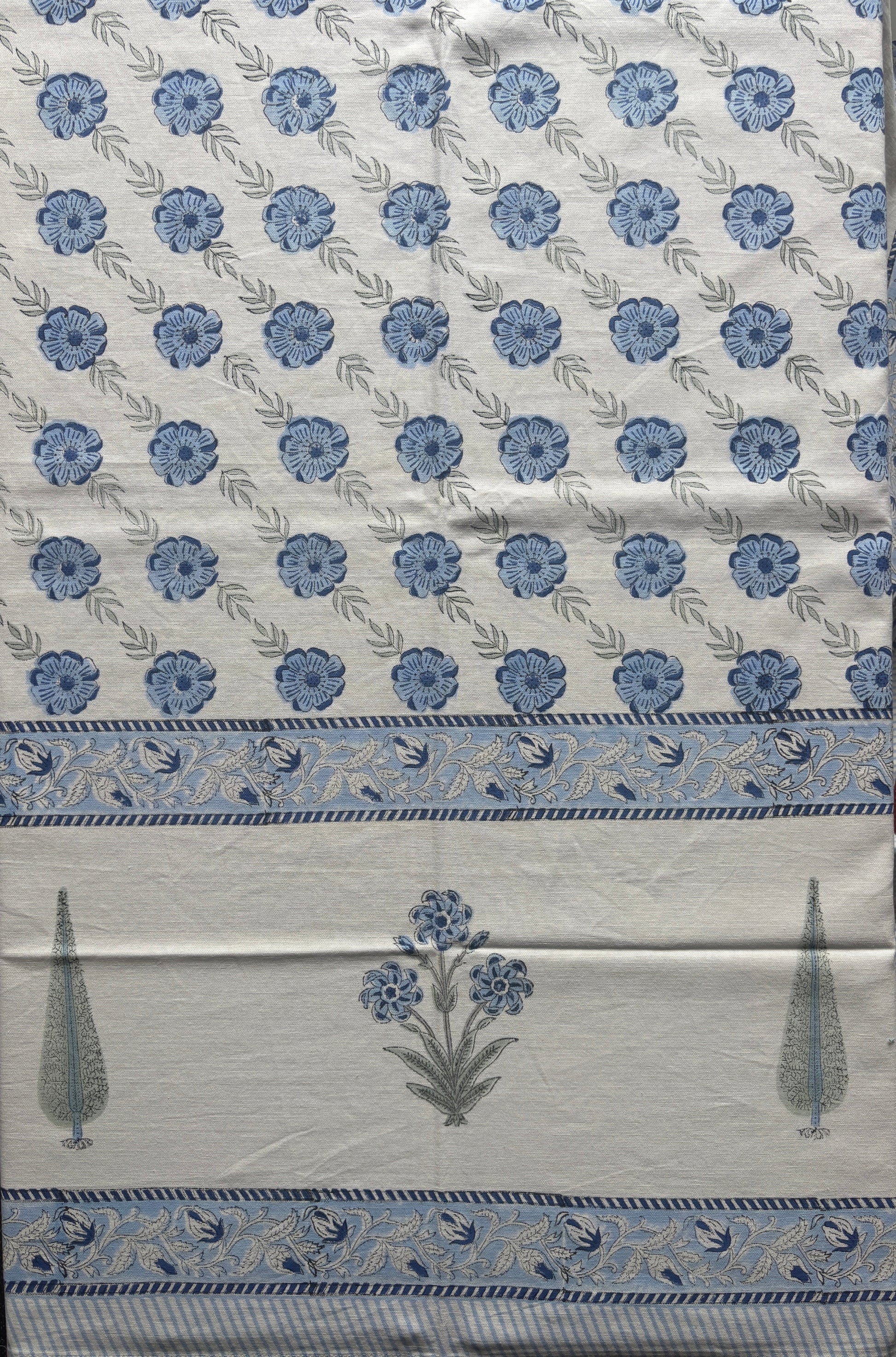 Block print table cloth with blue floral pattern 