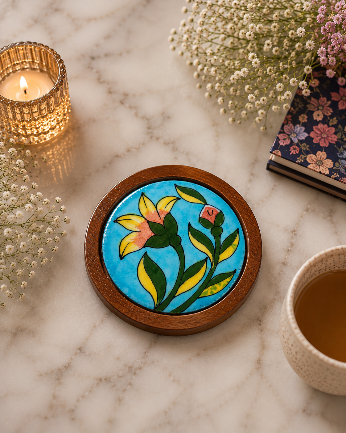 Floral coaster on a marble surface with a candle and cup of tea.