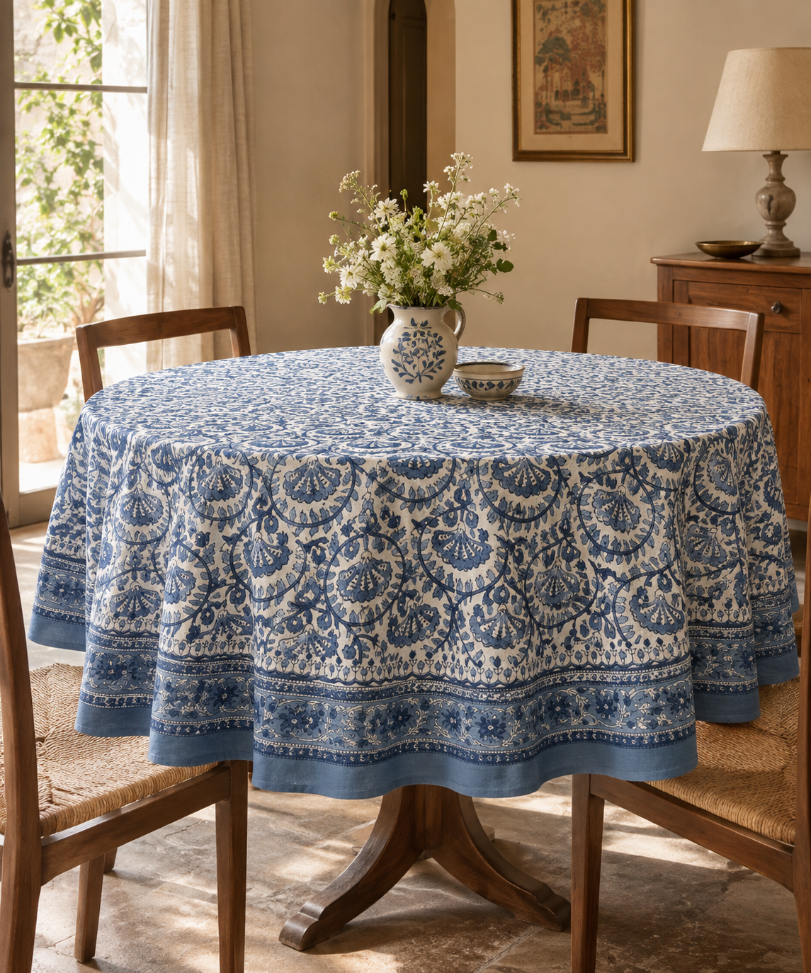 A round dining table covered with a blue and white patterned tablecloth, set in a warm, sunlit dining room with wooden chairs, a vase of flowers, and a small bowl.