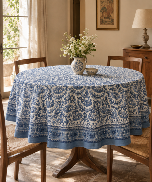 A round dining table covered with a blue and white patterned tablecloth, set in a warm, sunlit dining room with wooden chairs, a vase of flowers, and a small bowl.