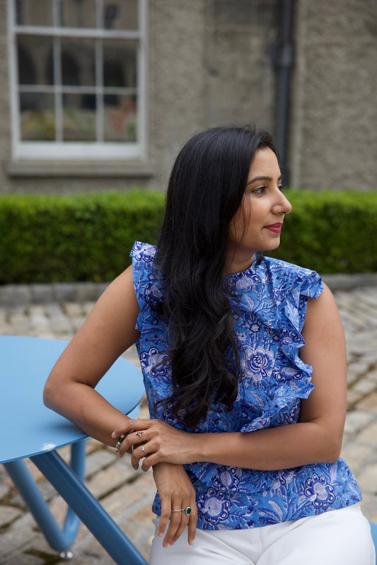 Blue and White hand block printed cotton blouse in Ireland