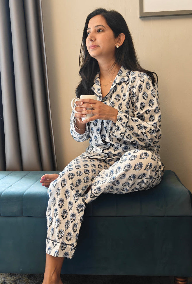 100% cotton with block printed pattern in blue and white 