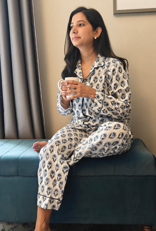 100% cotton with block printed pattern in blue and white 