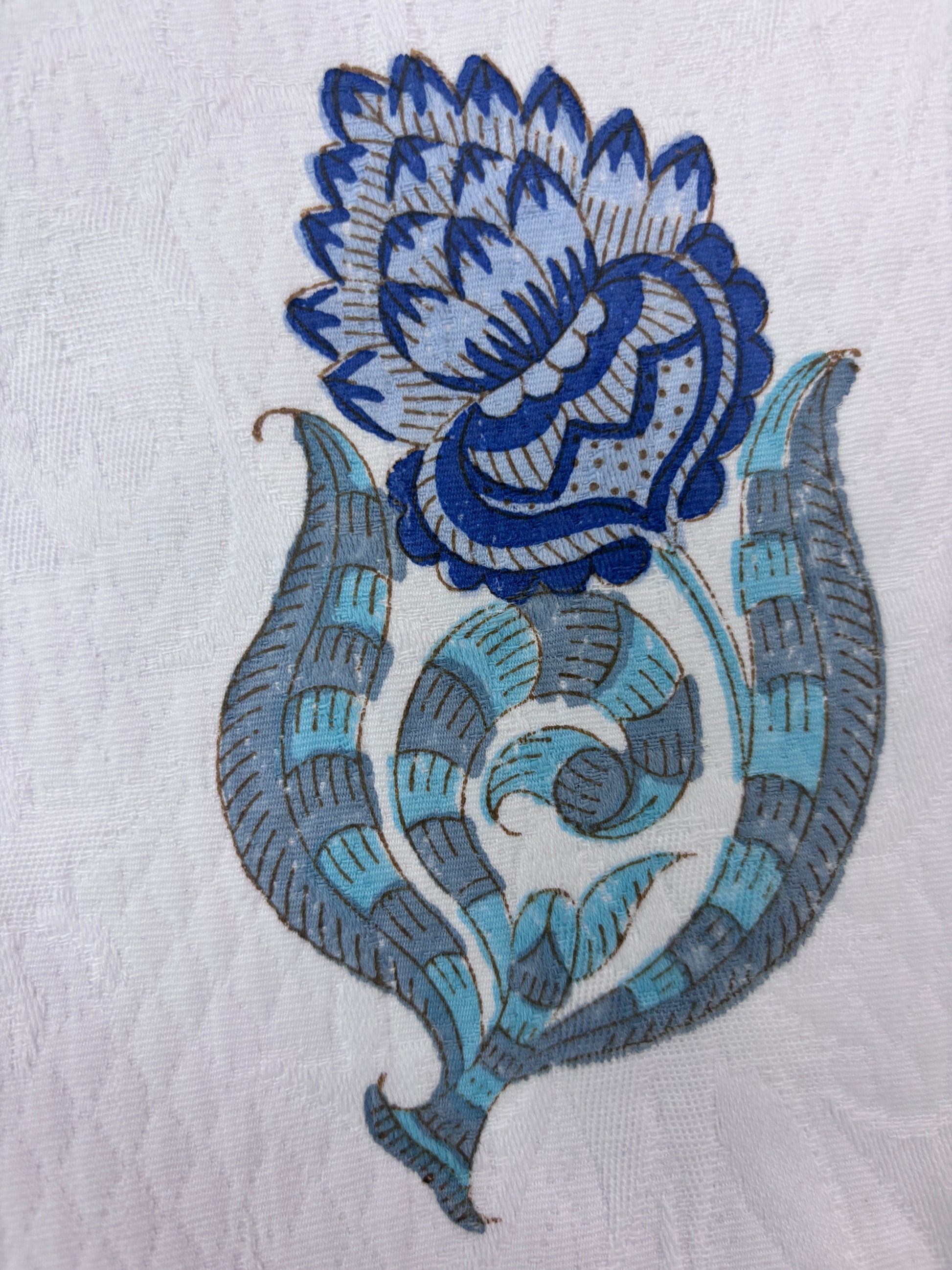 Blue block printed floral motif on cotton bag