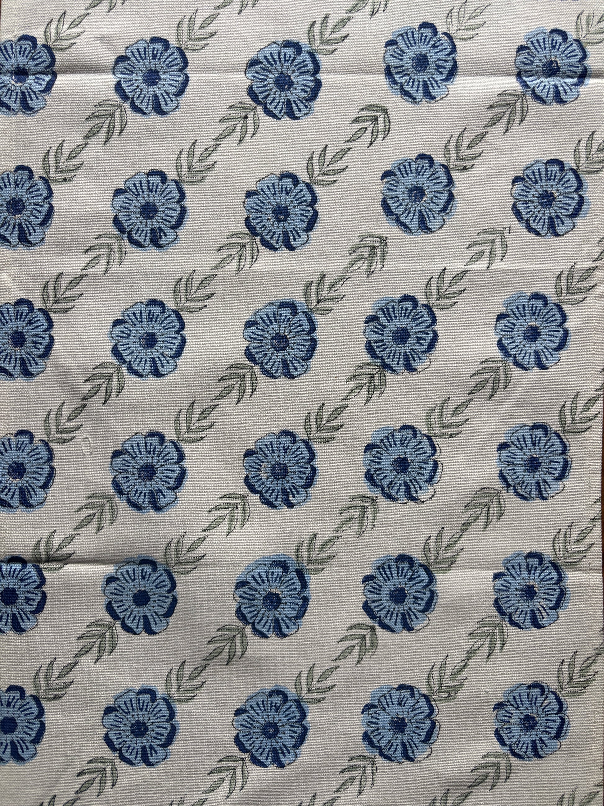 Patterned fabric with blue floral designs 