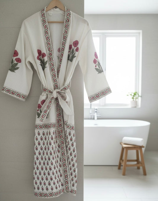 Blush pink block printed waffle cotton bathrobe with floral design, 127 cm length