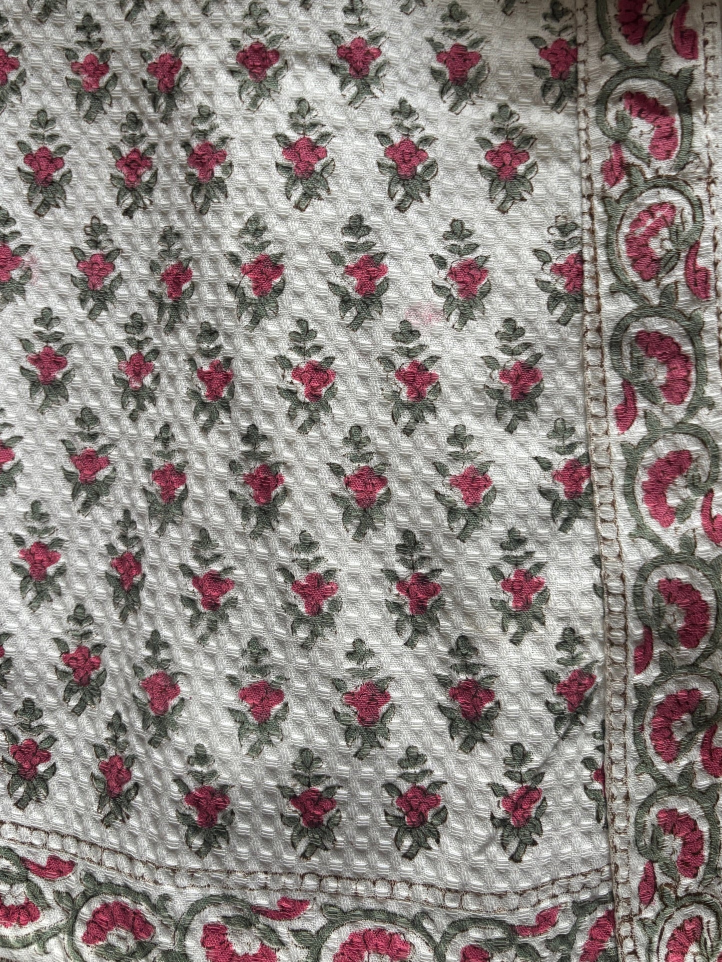 100% cotton waffle bathrobe in blush pink with hand block print, two pockets