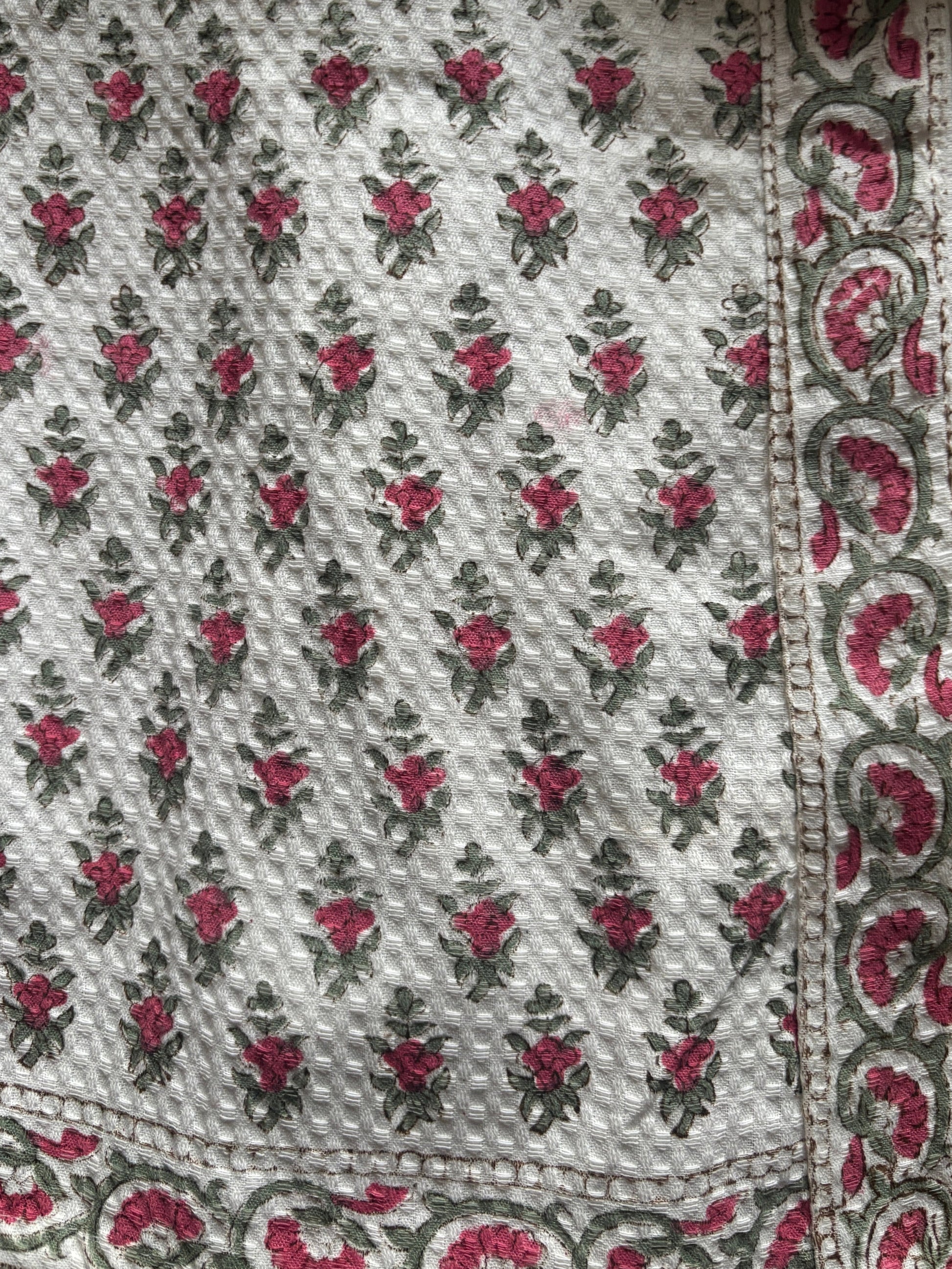 100% cotton waffle bathrobe in blush pink with hand block print, two pockets