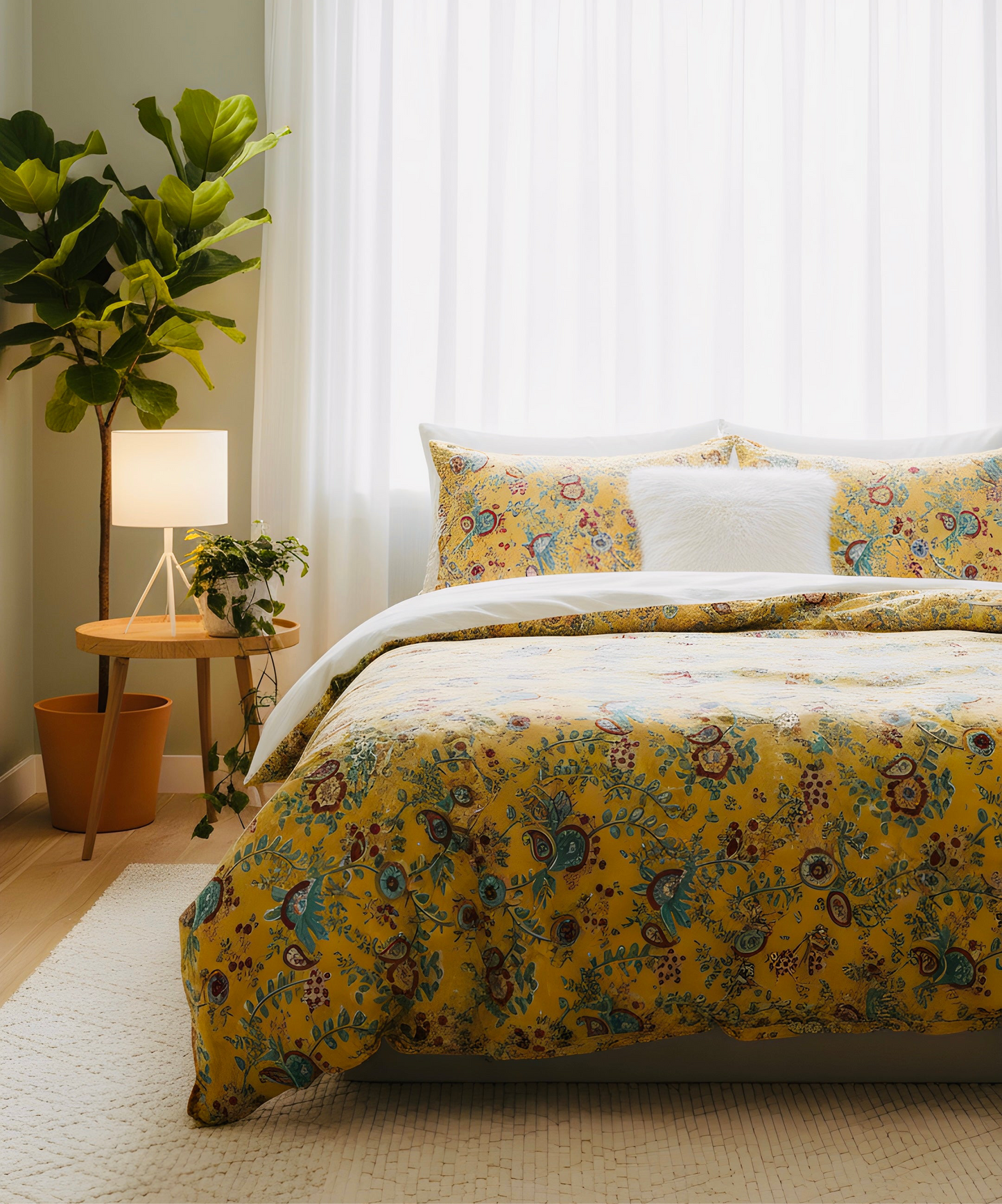 Yellow floral duvet cover with 2 pillow cases for king and queen size bed
