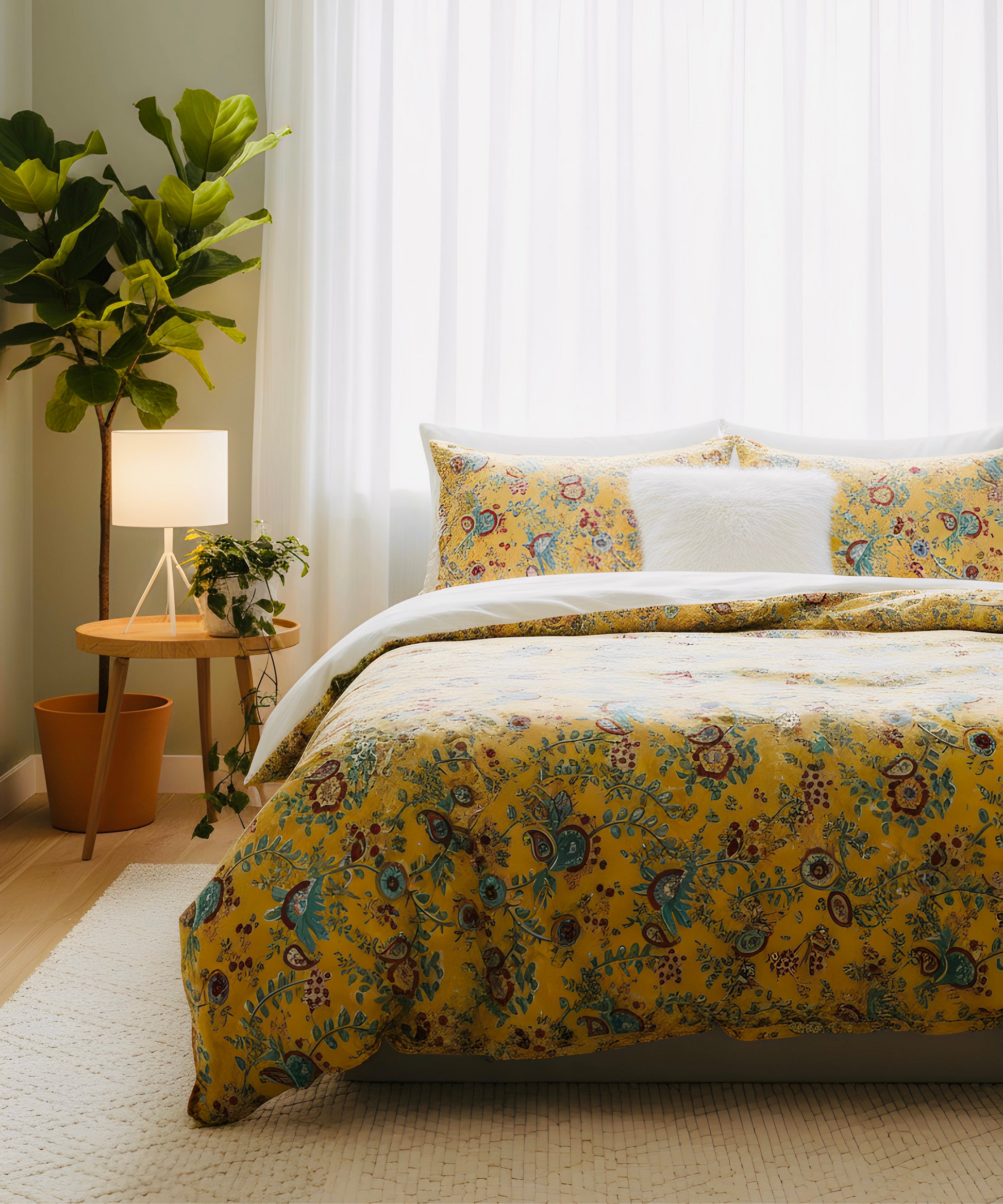 Yellow floral duvet cover with 2 pillow cases for king and queen size bed