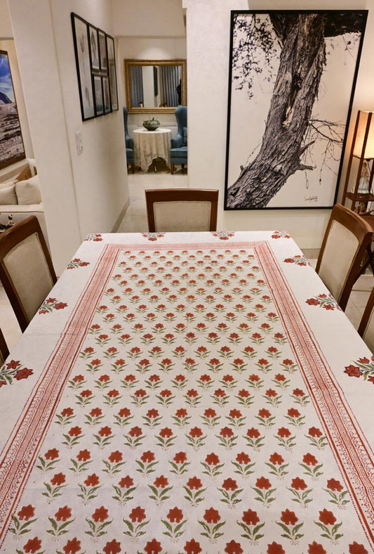Rust Floral Charm Block Print Tablecloth