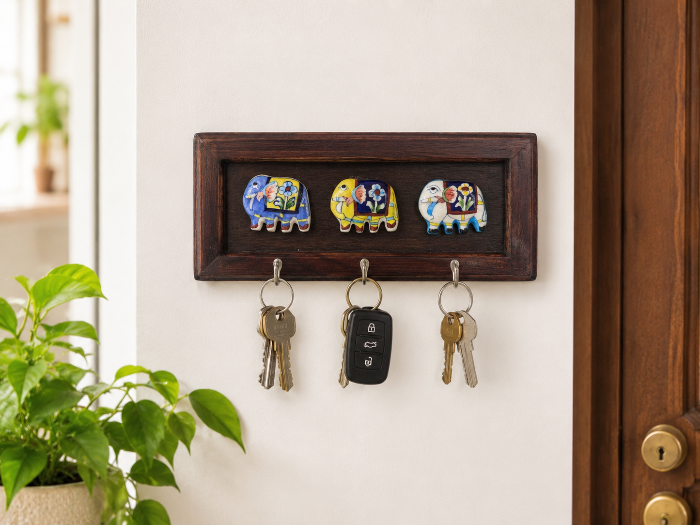 Elephant Blue Pottery Wooden Key Holder