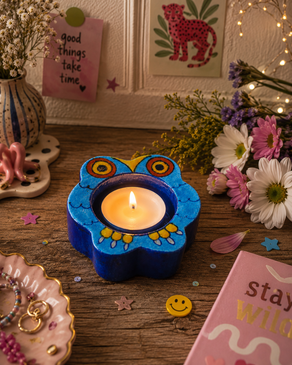 Midnight Owl Blue Pottery Tea Light Holder