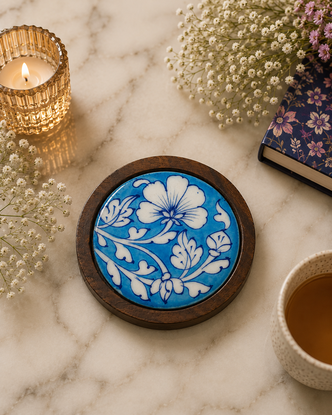 Floral Vine Blue Pottery Wooden Coaster