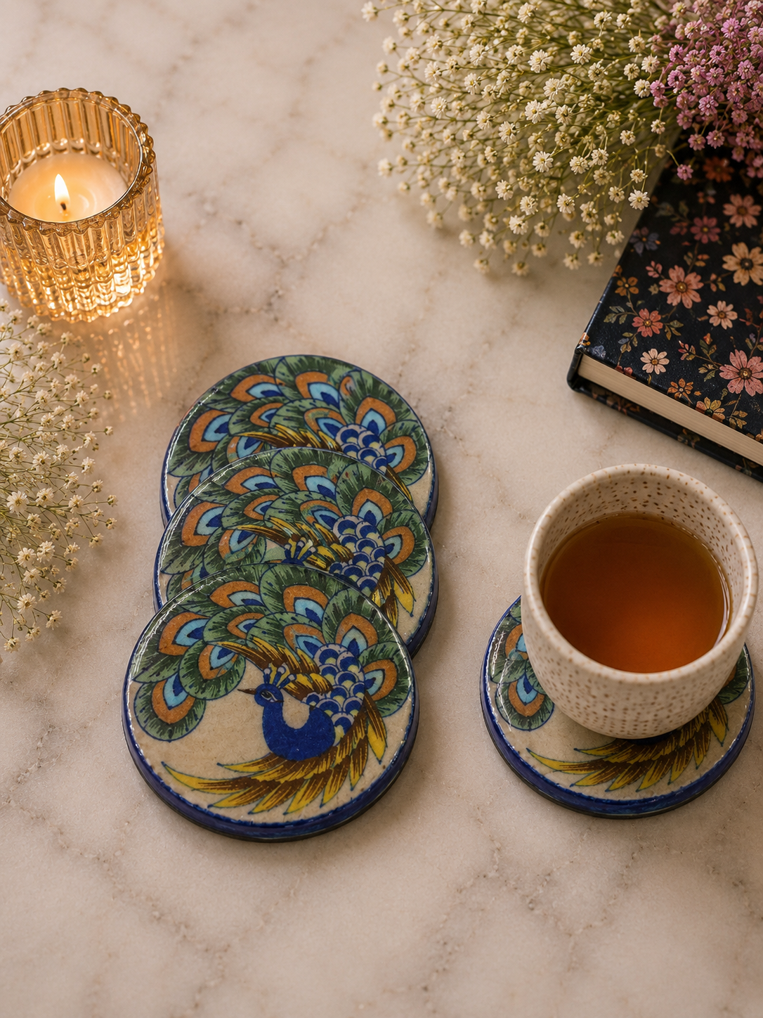 Peacock Blue Pottery Coaster Set (Set of 4)