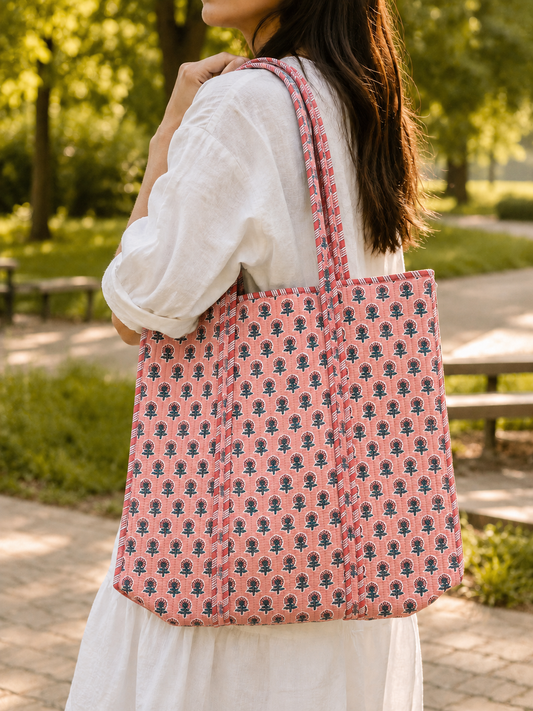 Blush Meadow Quilted Tote Bag