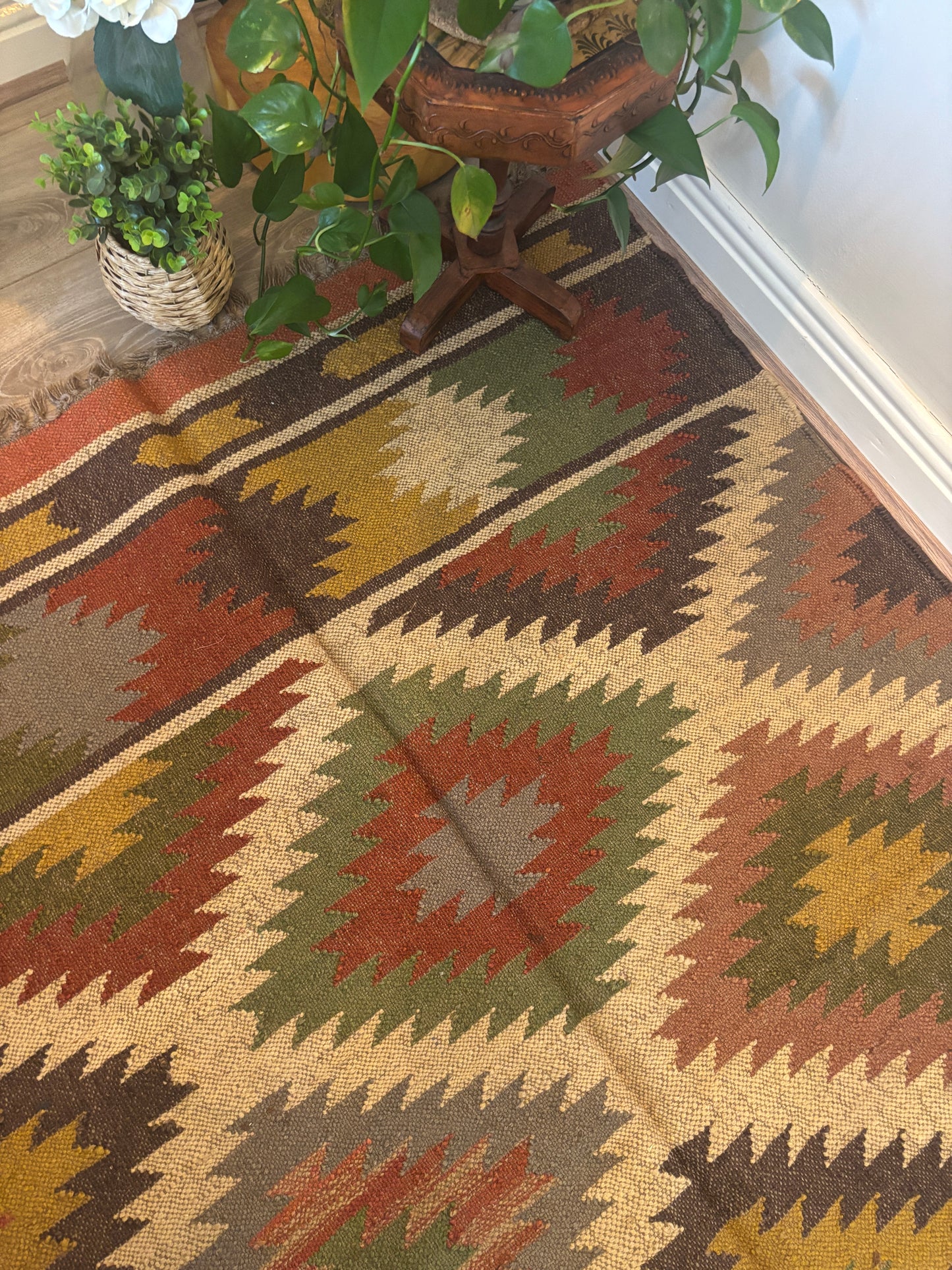 Patterned rug with geometric design on a wooden floor, next to a plant.