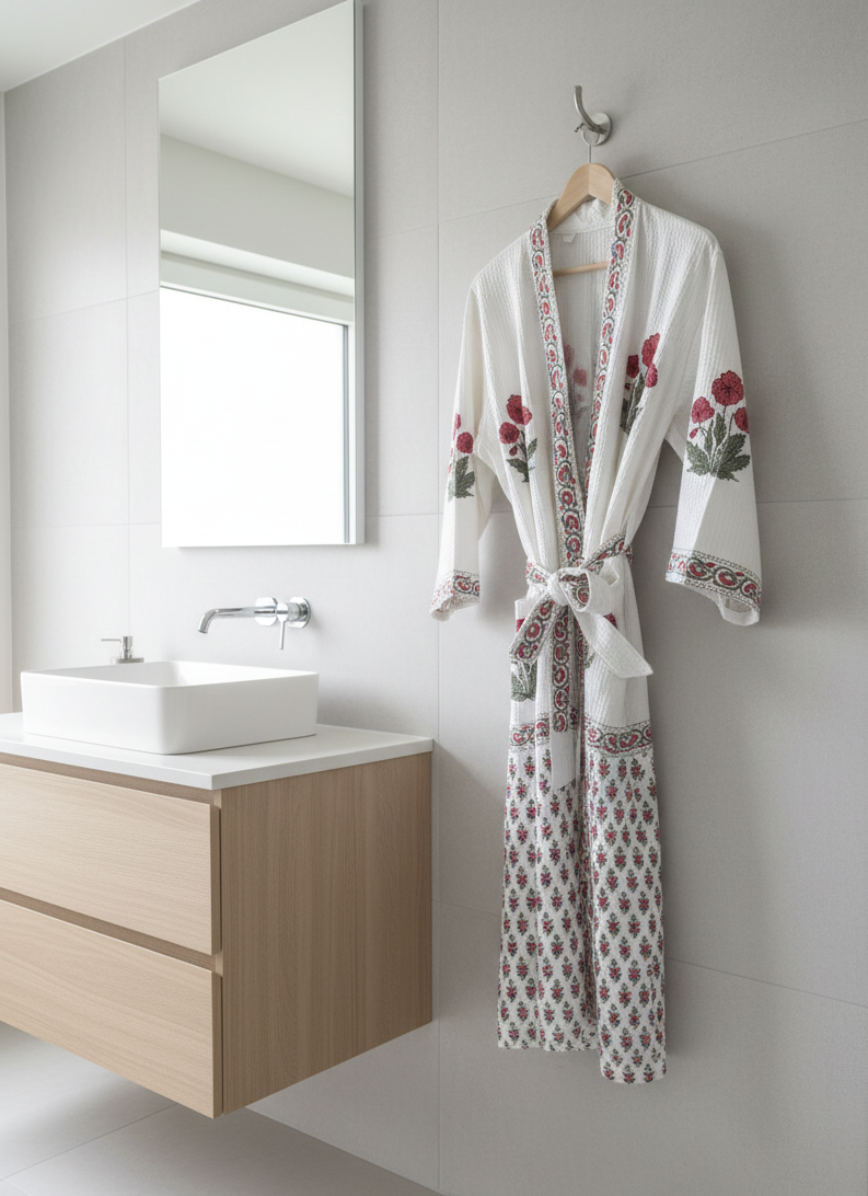 Blush pink block printed waffle cotton bathrobe with floral design, 127 cm length