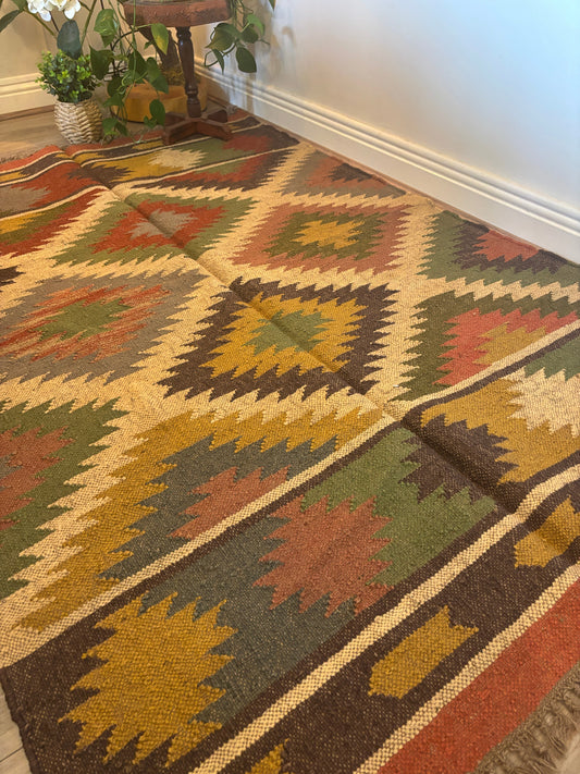 Patterned rug with geometric design on a floor