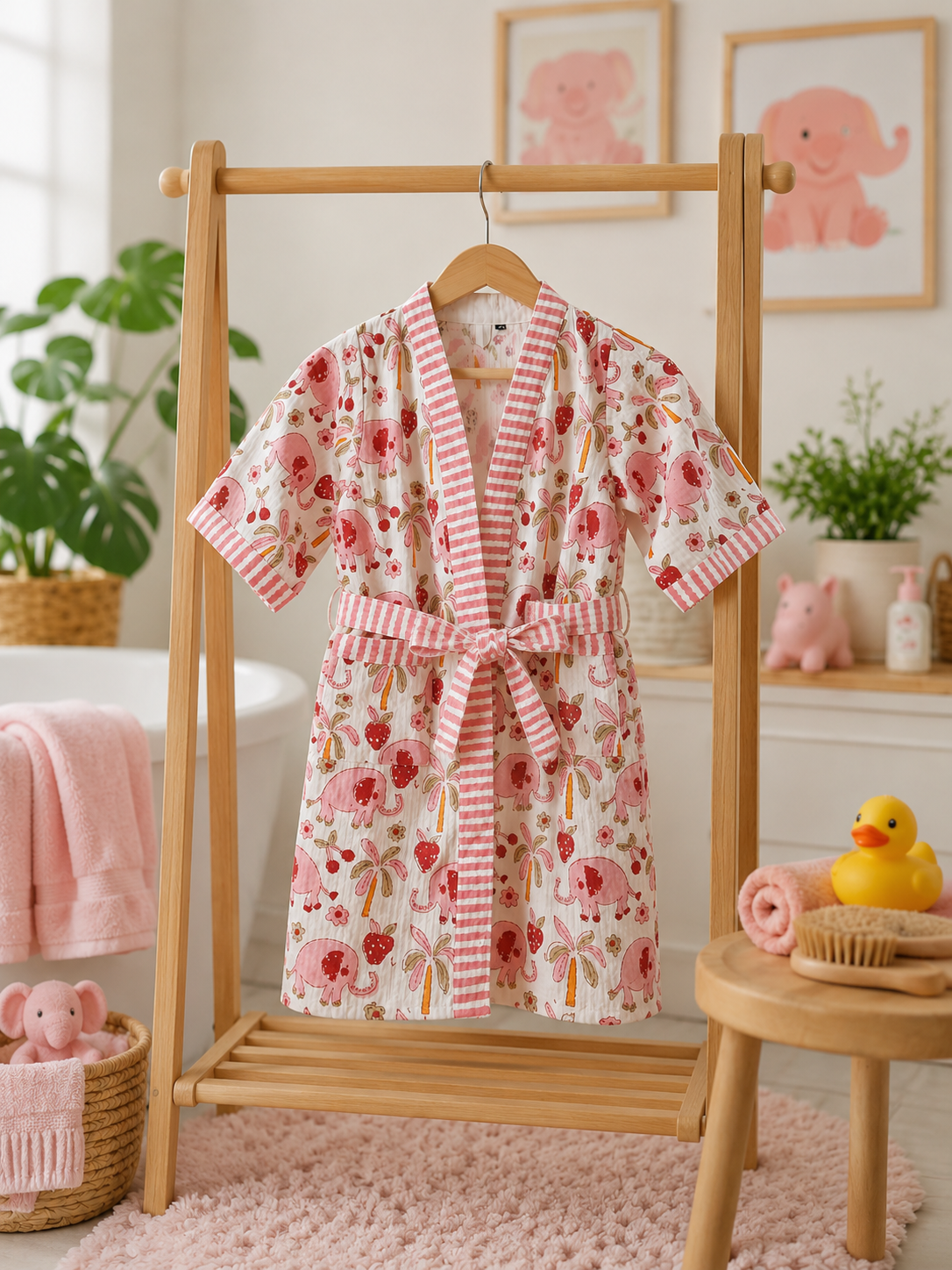 Cute dressing gowns in waffle cotton for baby girls with pink elephants print