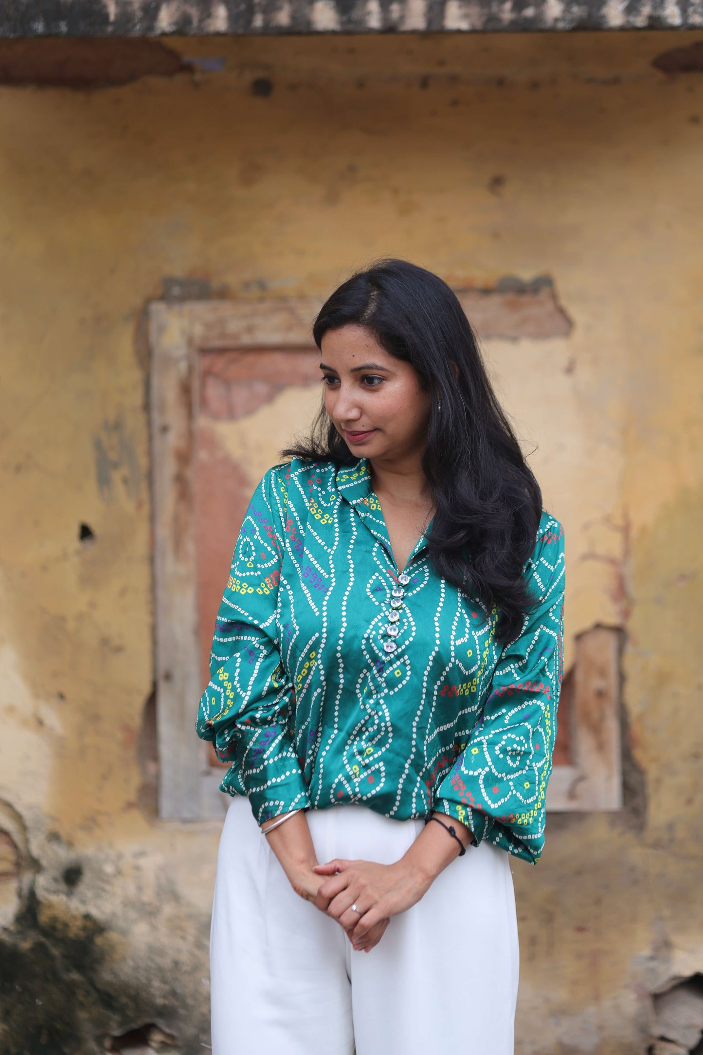 Emerald Bandhni Silk Blouse with Pearl Buttons