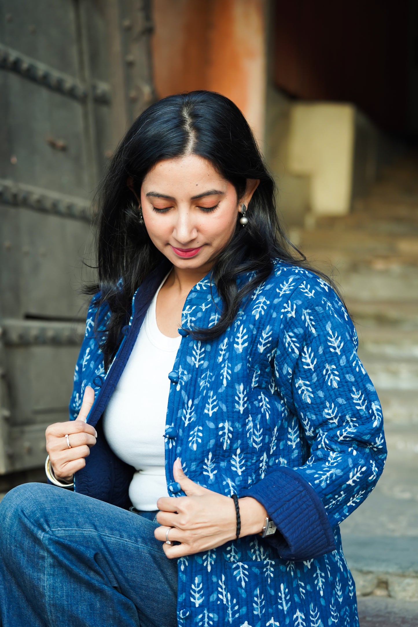 Indigo Bliss Block Printed Jacket | Long Sleeve Quilted Jacket