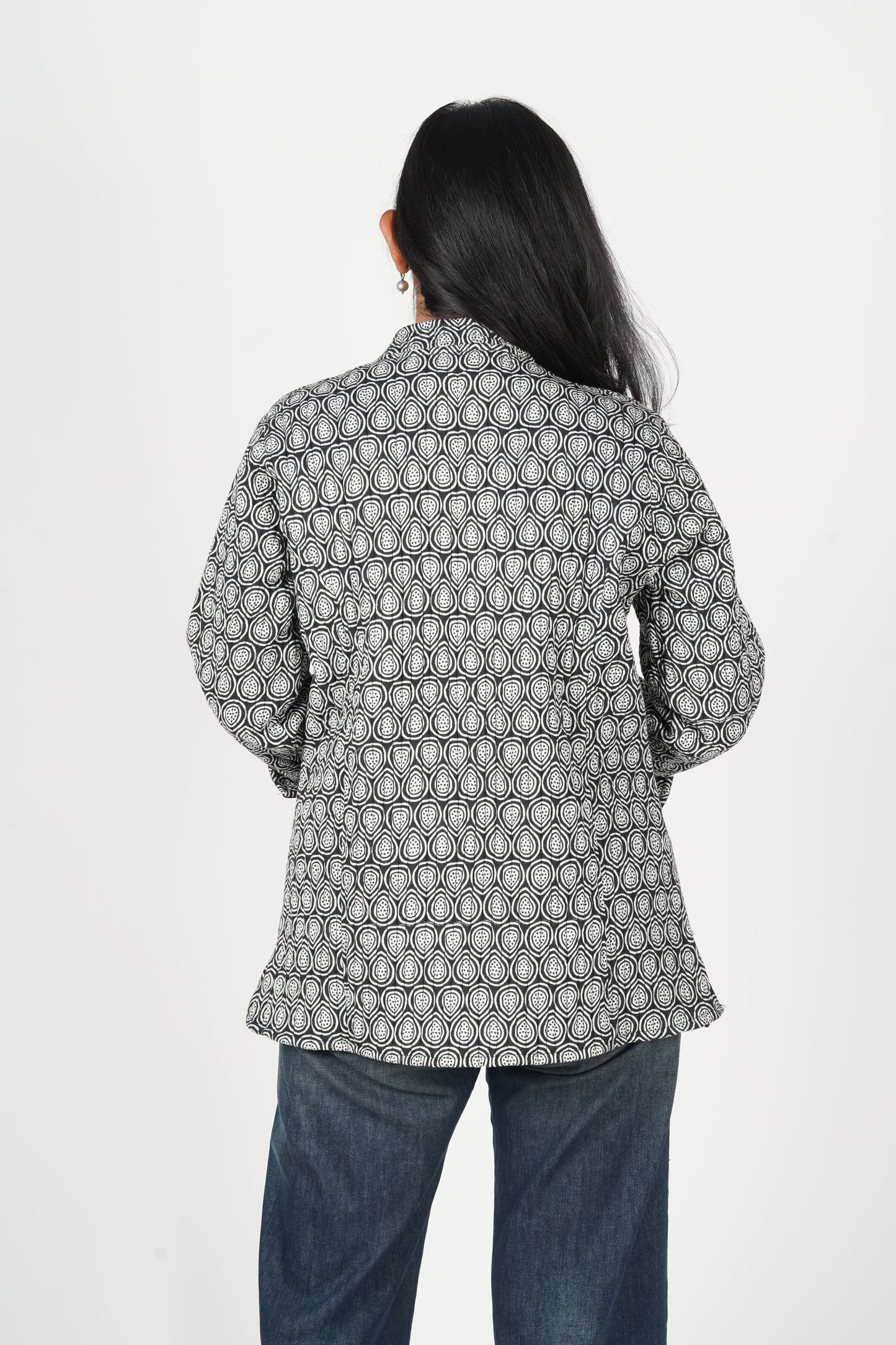 Midnight Monochrome Block Printed Jacket | Long Sleeve Quilted Jodhpuri Jacket