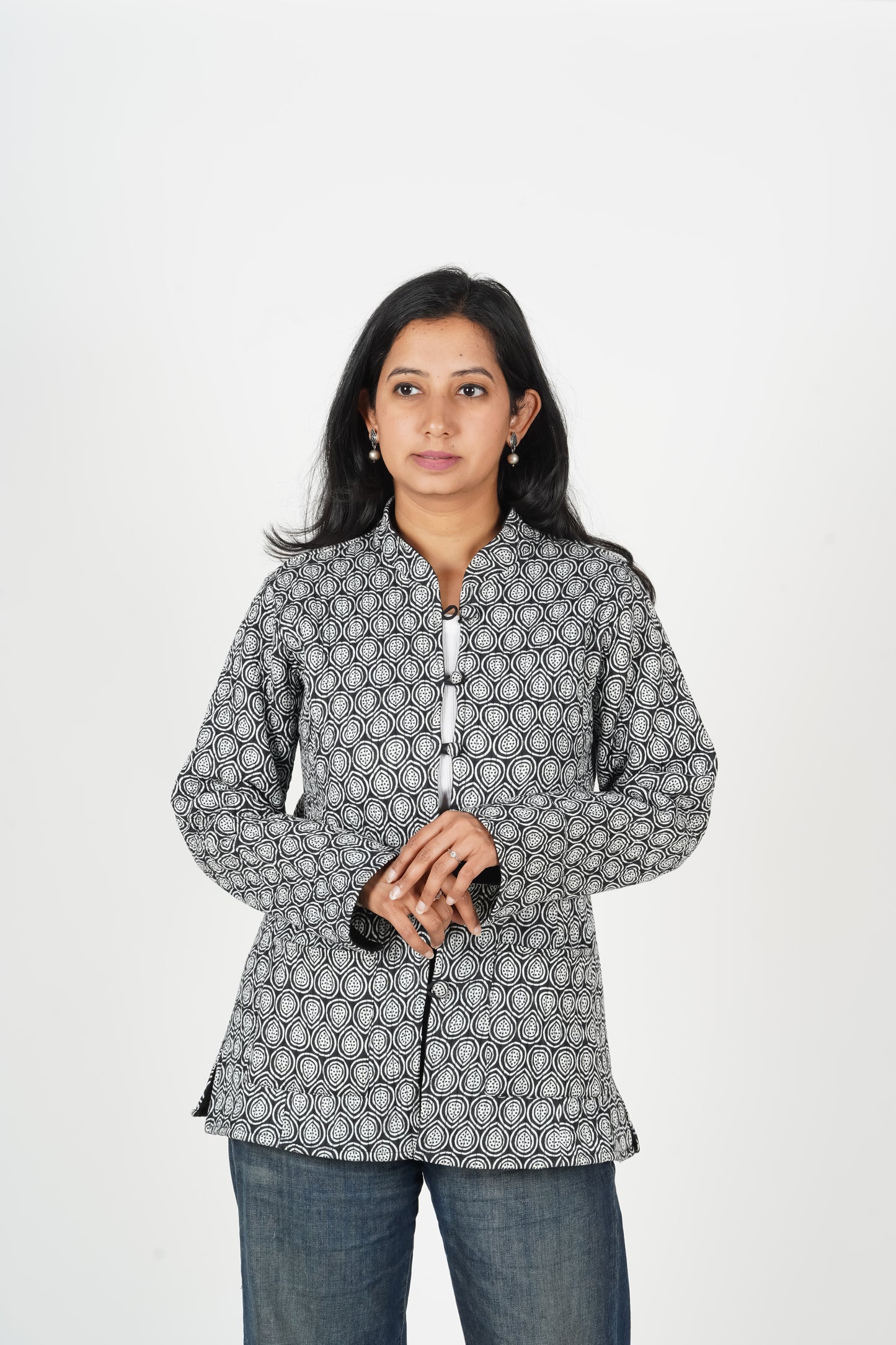 Midnight Monochrome Block Printed Jacket | Long Sleeve Quilted Jodhpuri Jacket