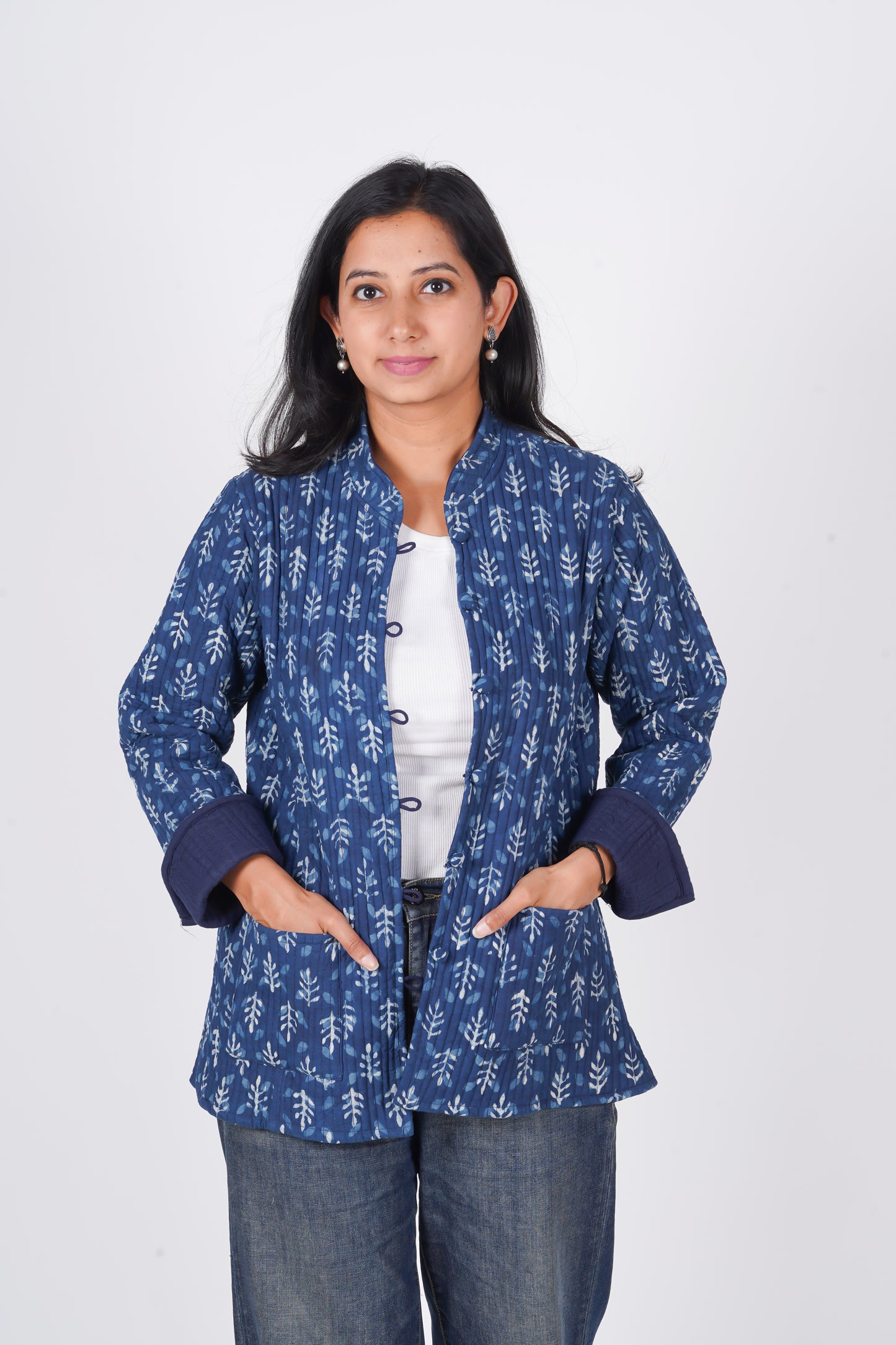 Indigo Bliss Block Printed Jacket | Long Sleeve Quilted Jacket