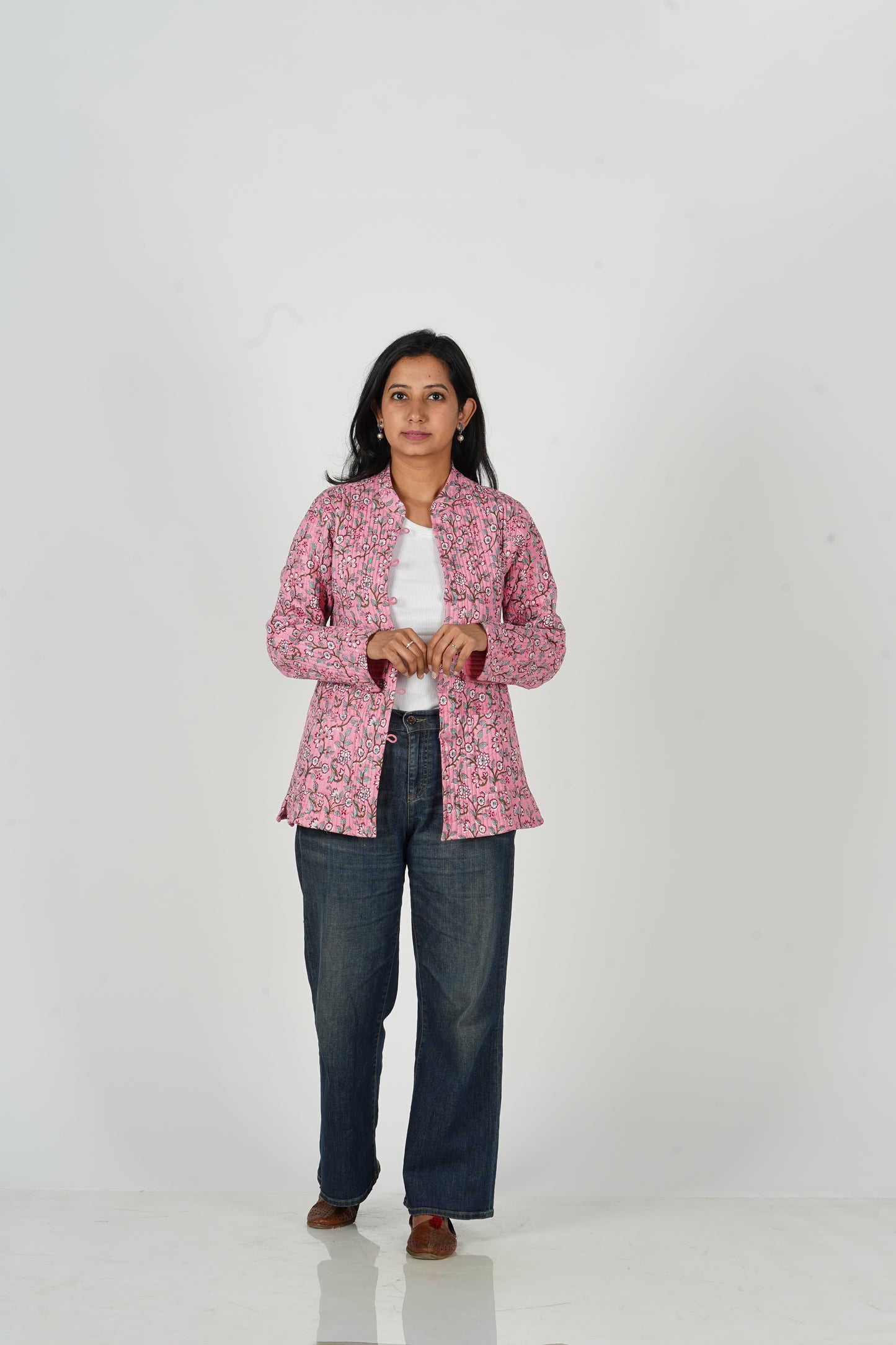 Magnolia Pink Block Printed Jacket | Long Sleeve Quilted Jacket