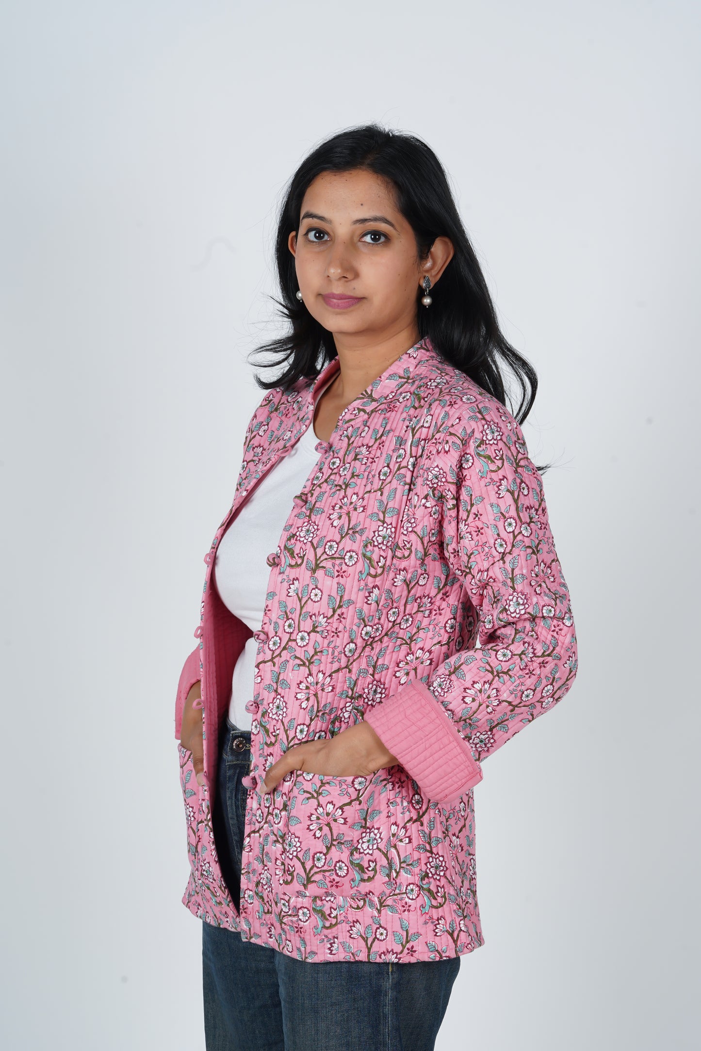 Magnolia Pink Block Printed Jacket | Long Sleeve Quilted Jacket