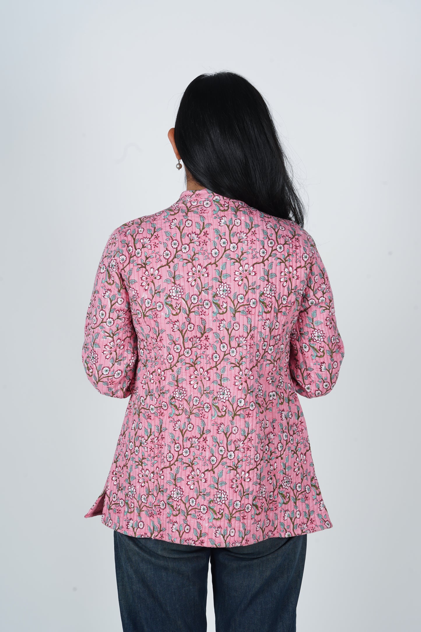 Magnolia Pink Block Printed Jacket | Long Sleeve Quilted Jacket
